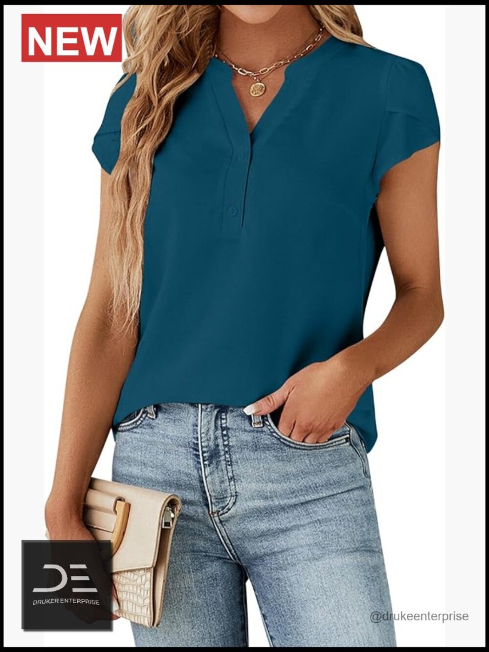 Button Down Blouse Cap Sleeve V-Neck Tshirt Business Casual Work Top